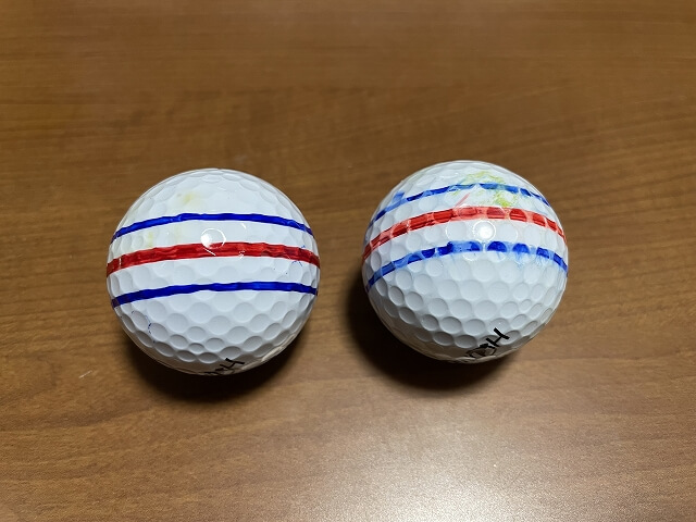 ラインマーカーで線を書いて、ラウンドで使用したボールと使用していないボールの比較